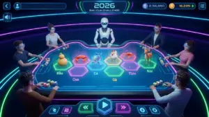 Giao diện bàn cược Bầu cua 3D sắc nét tại Hutien với các cửa đặt và trung tâm xóc đĩa.